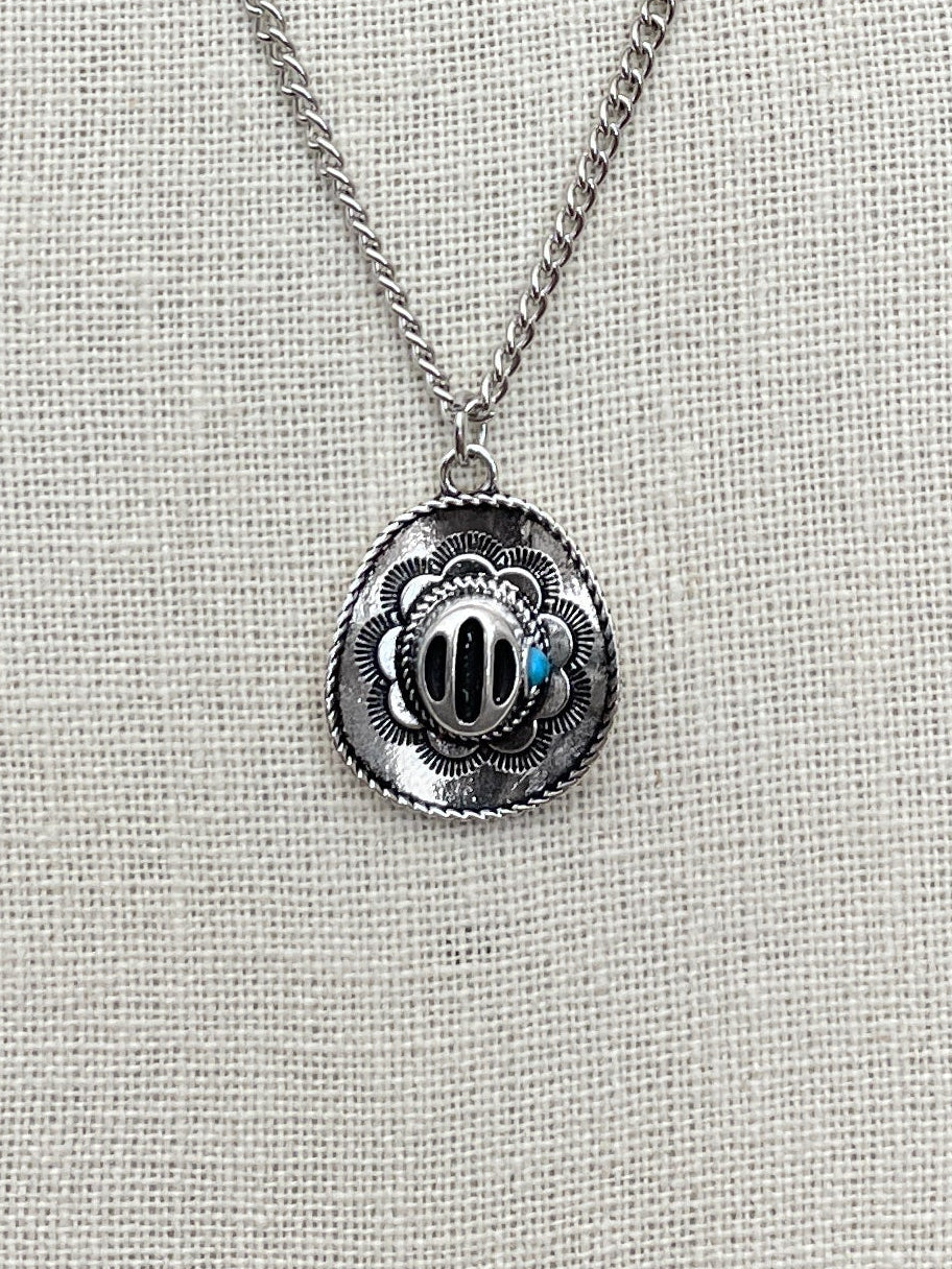 Detailed Cowboy Hat Necklace with Faux Turquoise