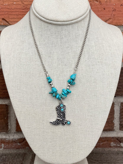 Cowgirl Boot Necklace with Faux Turquoise Chips