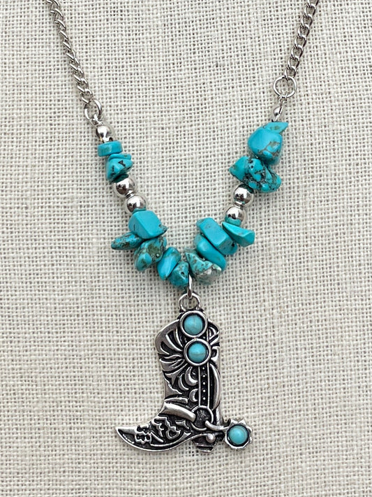 Cowgirl Boot Necklace with Faux Turquoise Chips