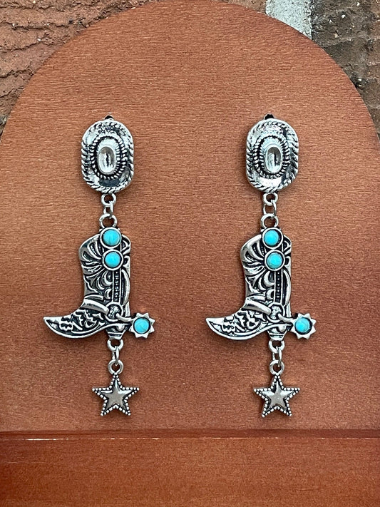 Cowgirl Boot and Hat Dangle Earrings with Faux Turquoise