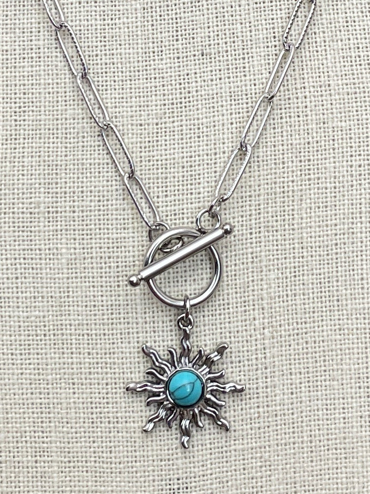 Stainless Steel Sunburst Necklace with Faux Turquoise