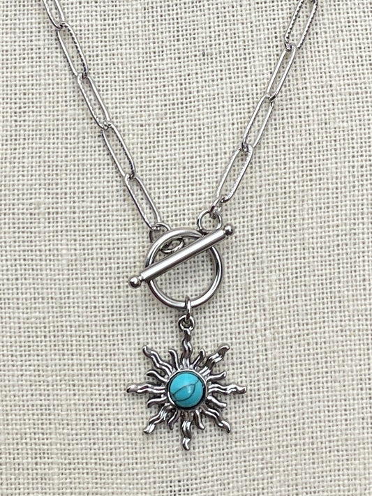 Stainless Steel Sunburst Necklace with Faux Turquoise