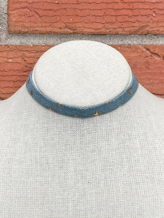 Light Wash Denim Choker Necklace with Stars