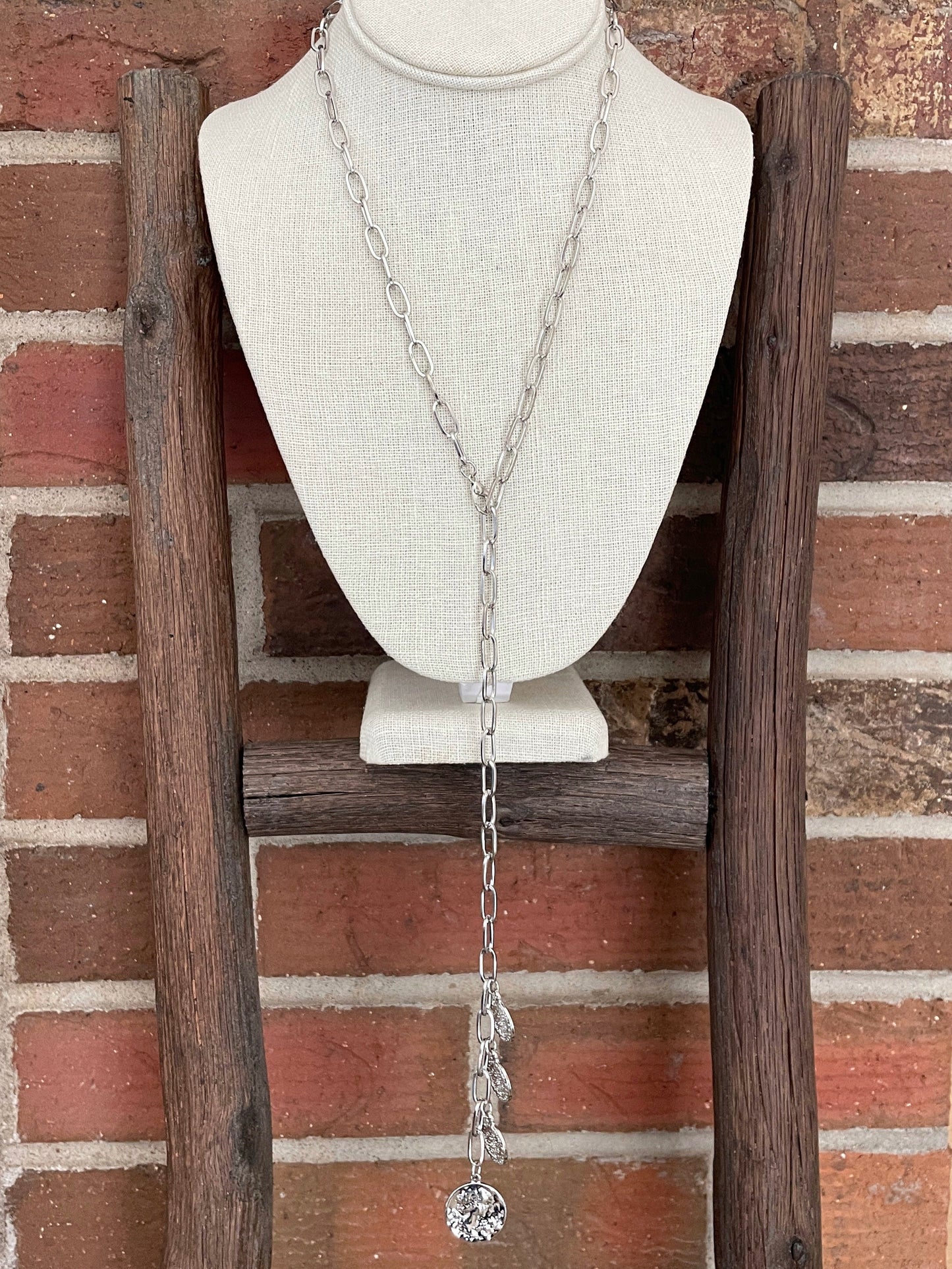 Paperclip Chain Lariat Necklace with Coin Pendants