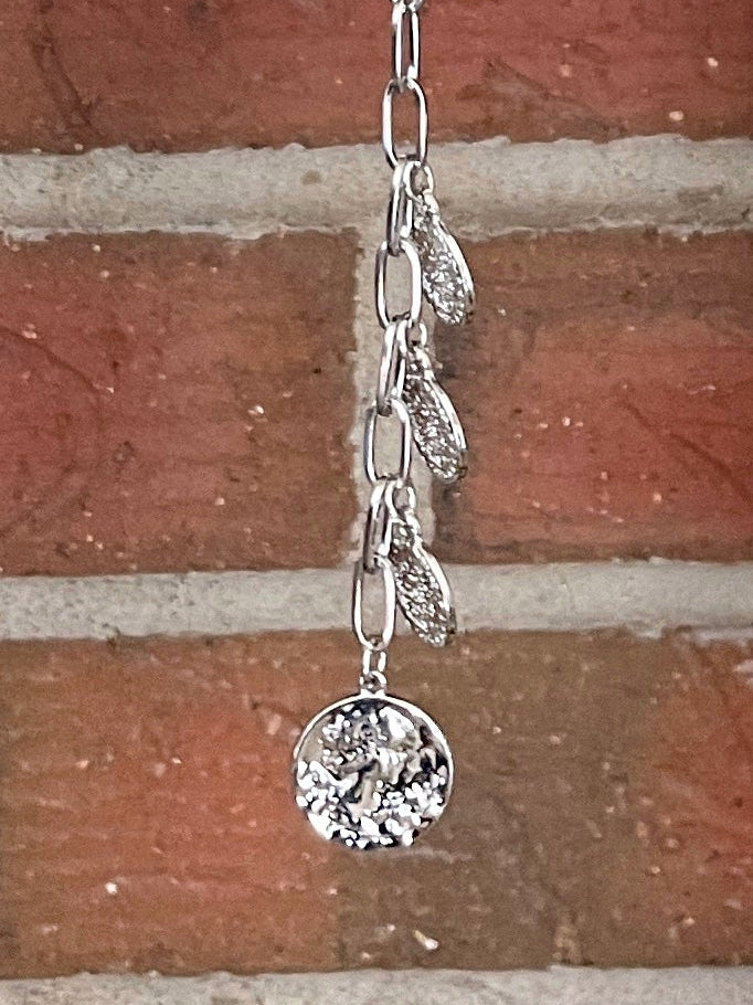 Paperclip Chain Lariat Necklace with Coin Pendants