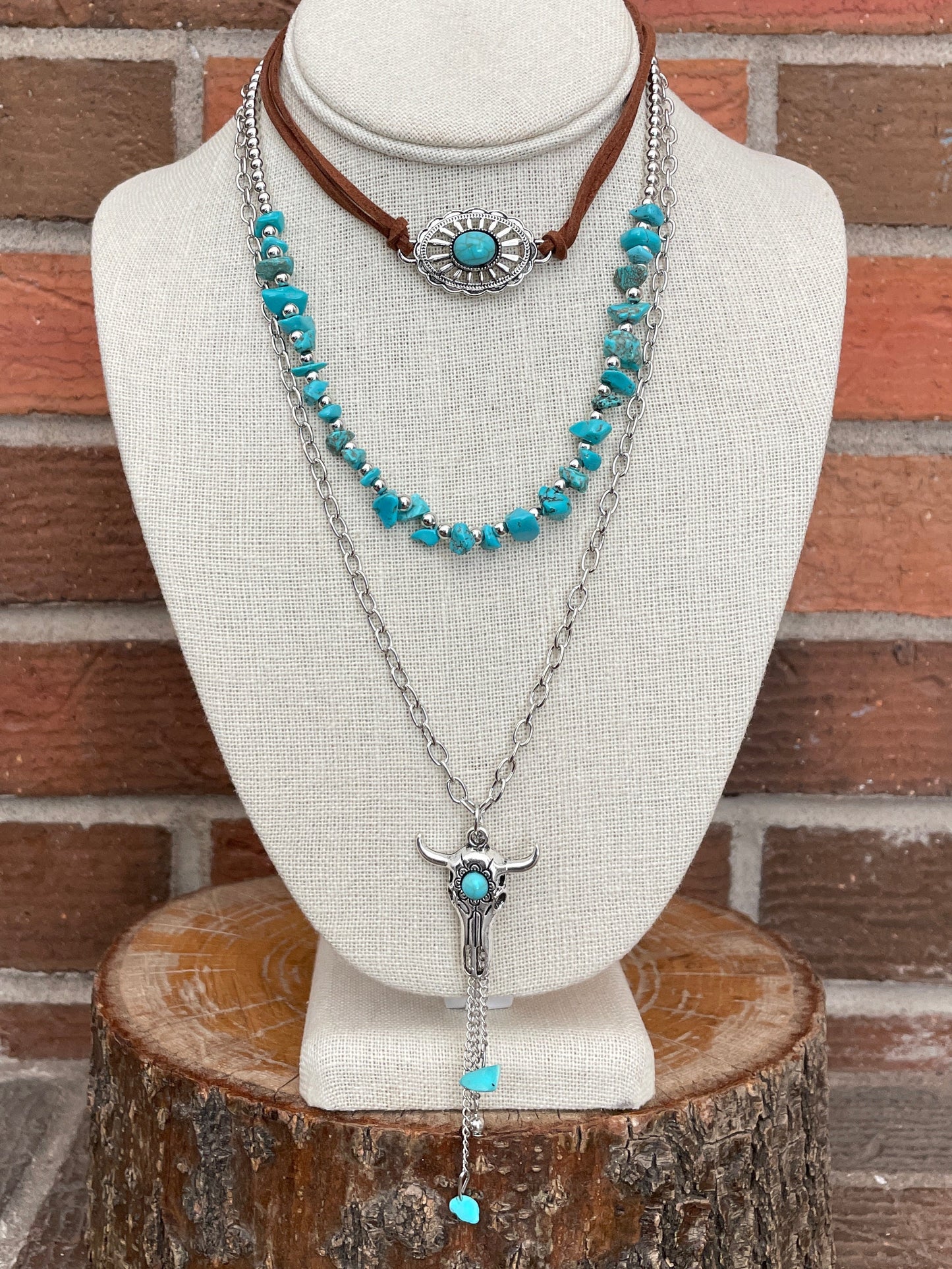 Fringe Steer Skull & Cutout Concho Necklace Set with Turquoise