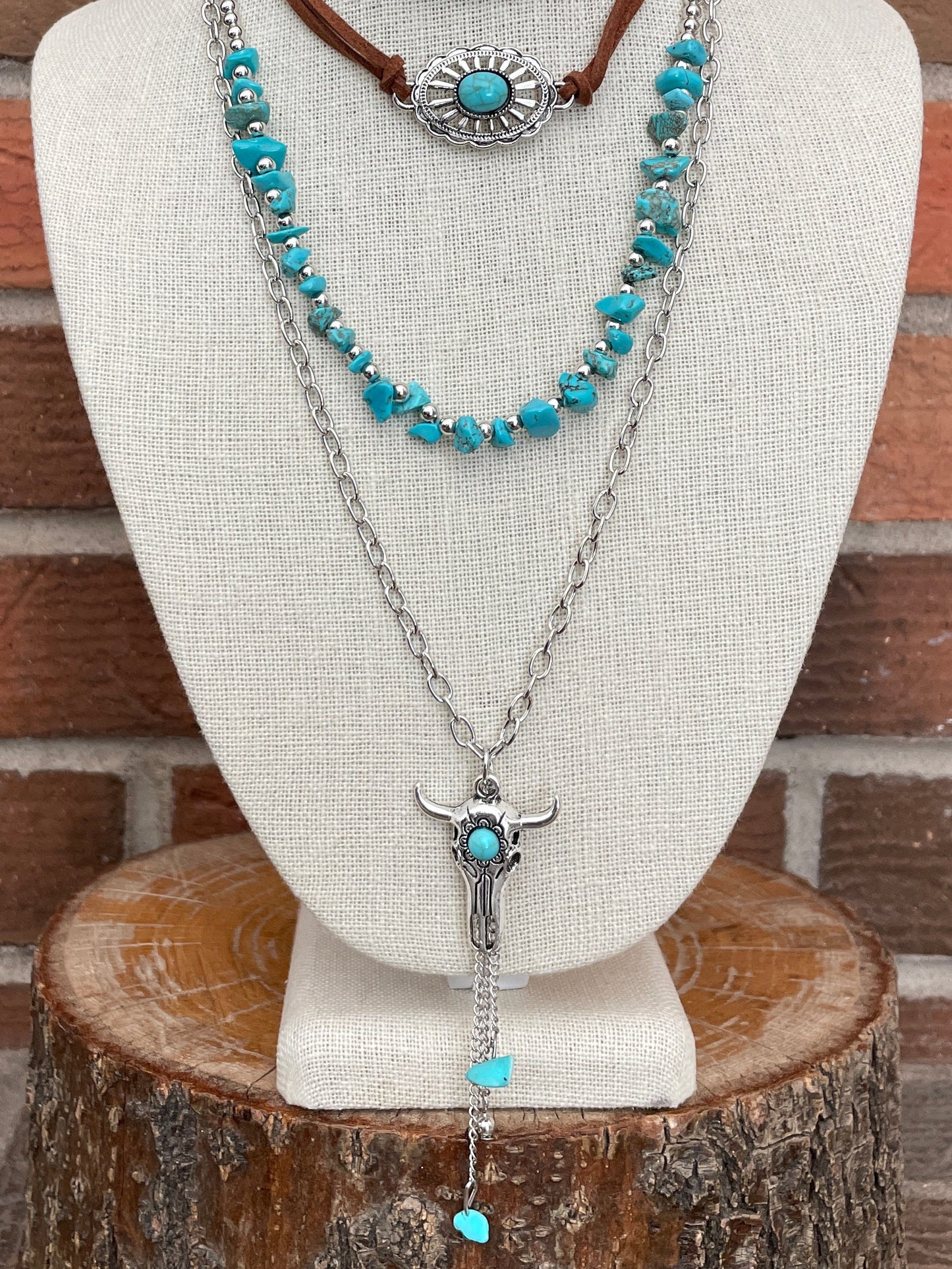 Fringe Steer Skull & Cutout Concho Necklace Set with Turquoise