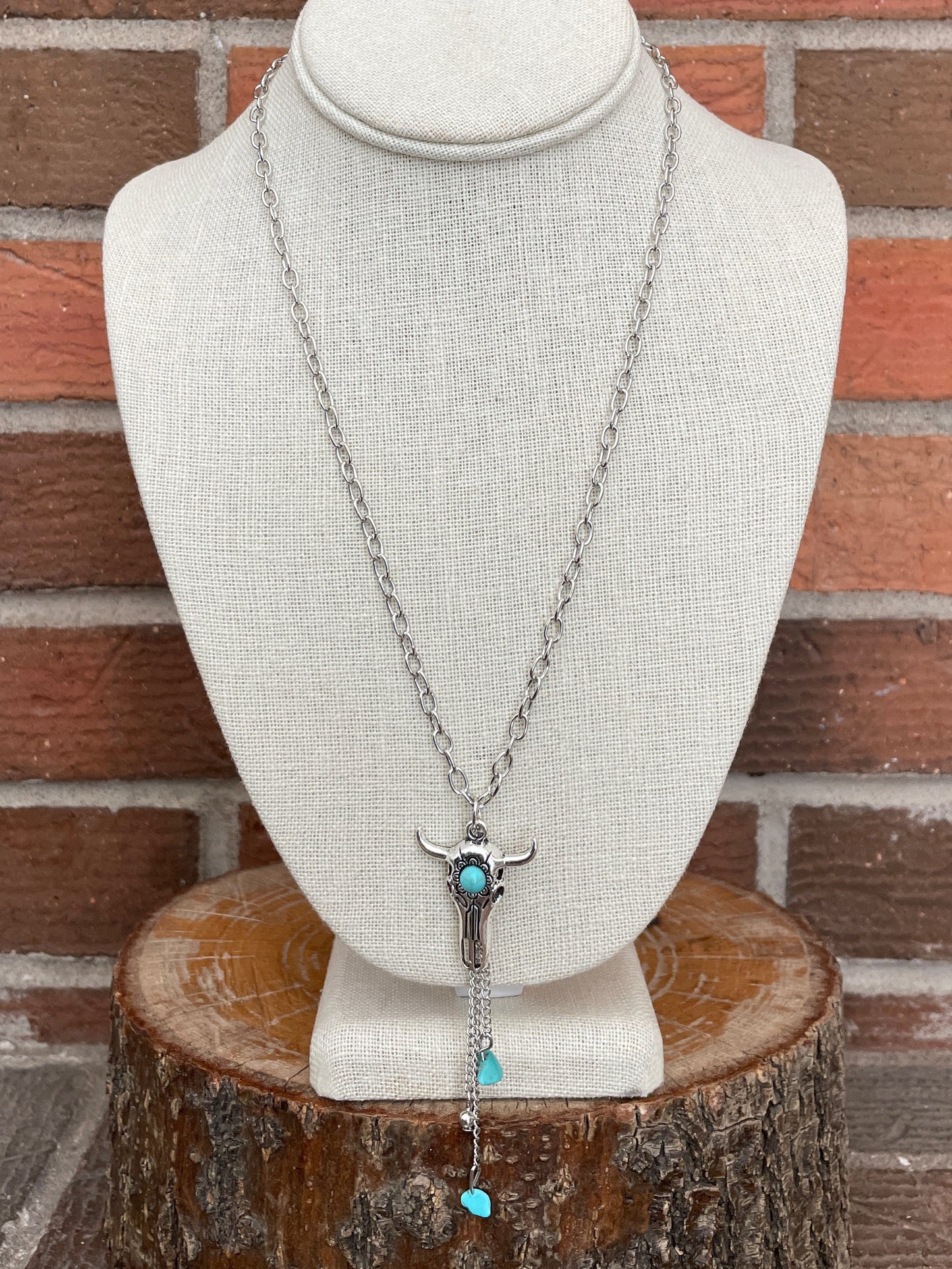 Fringe Steer Skull & Cutout Concho Necklace Set with Turquoise