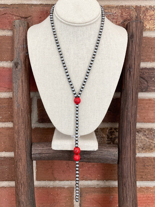 Navajo Style Pearl Lariat Necklace with Red Accents
