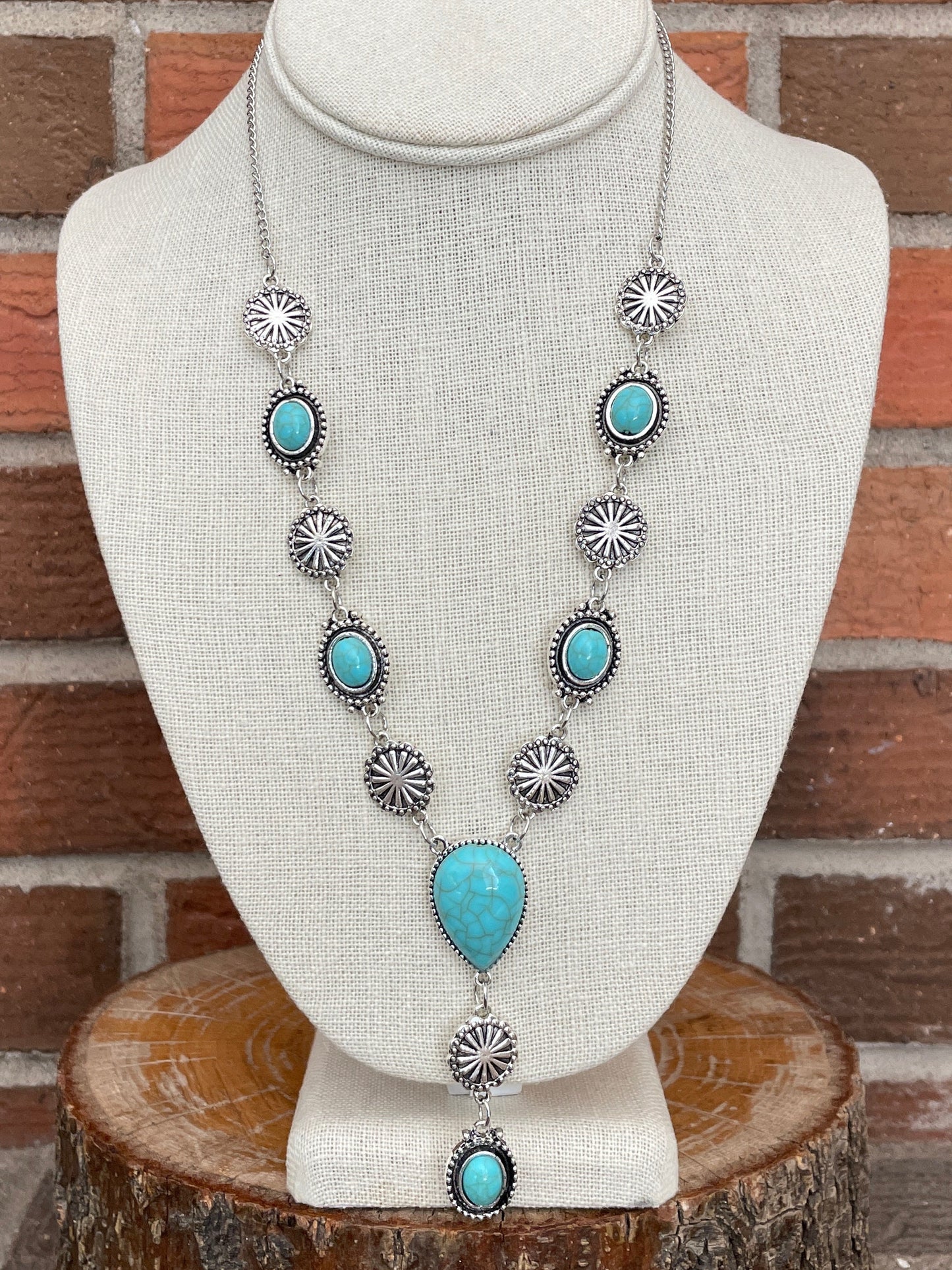 Faux Turquoise Concho & Sunburst Lariat Necklace