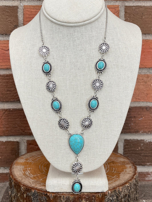Faux Turquoise Concho & Sunburst Lariat Necklace