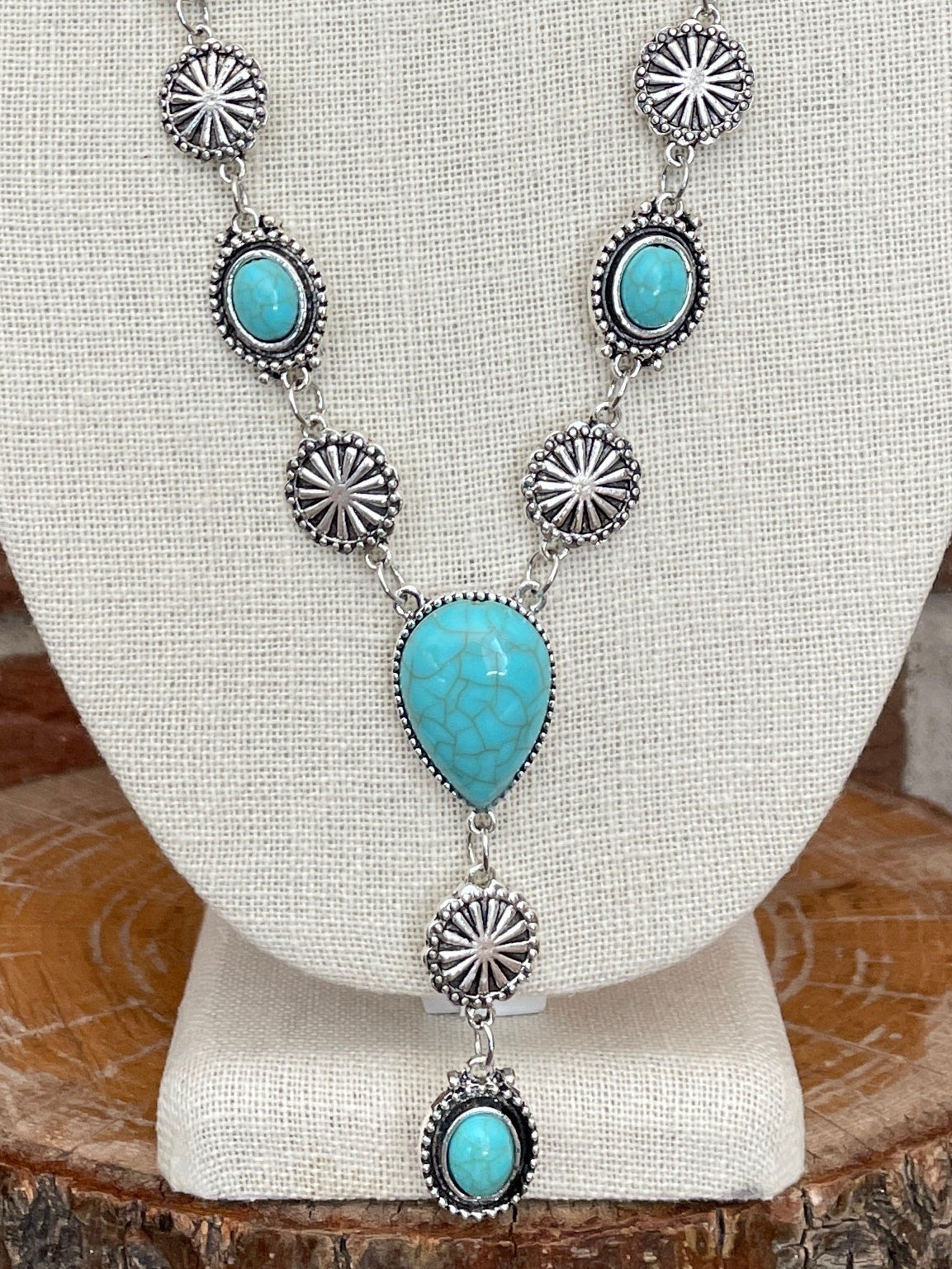 Faux Turquoise Concho & Sunburst Lariat Necklace