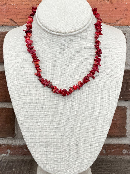 Natural Stone Chip Bead Necklace - Dyed Coral