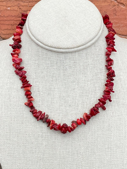 Natural Stone Chip Bead Necklace - Dyed Coral
