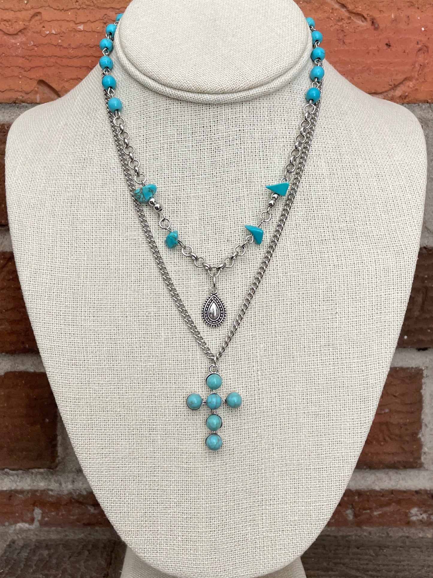 Faux Turquoise Cluster Cross and Spaced Bead Necklace Set