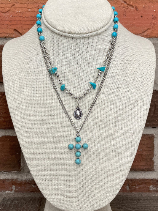 Faux Turquoise Cluster Cross and Spaced Bead Necklace Set