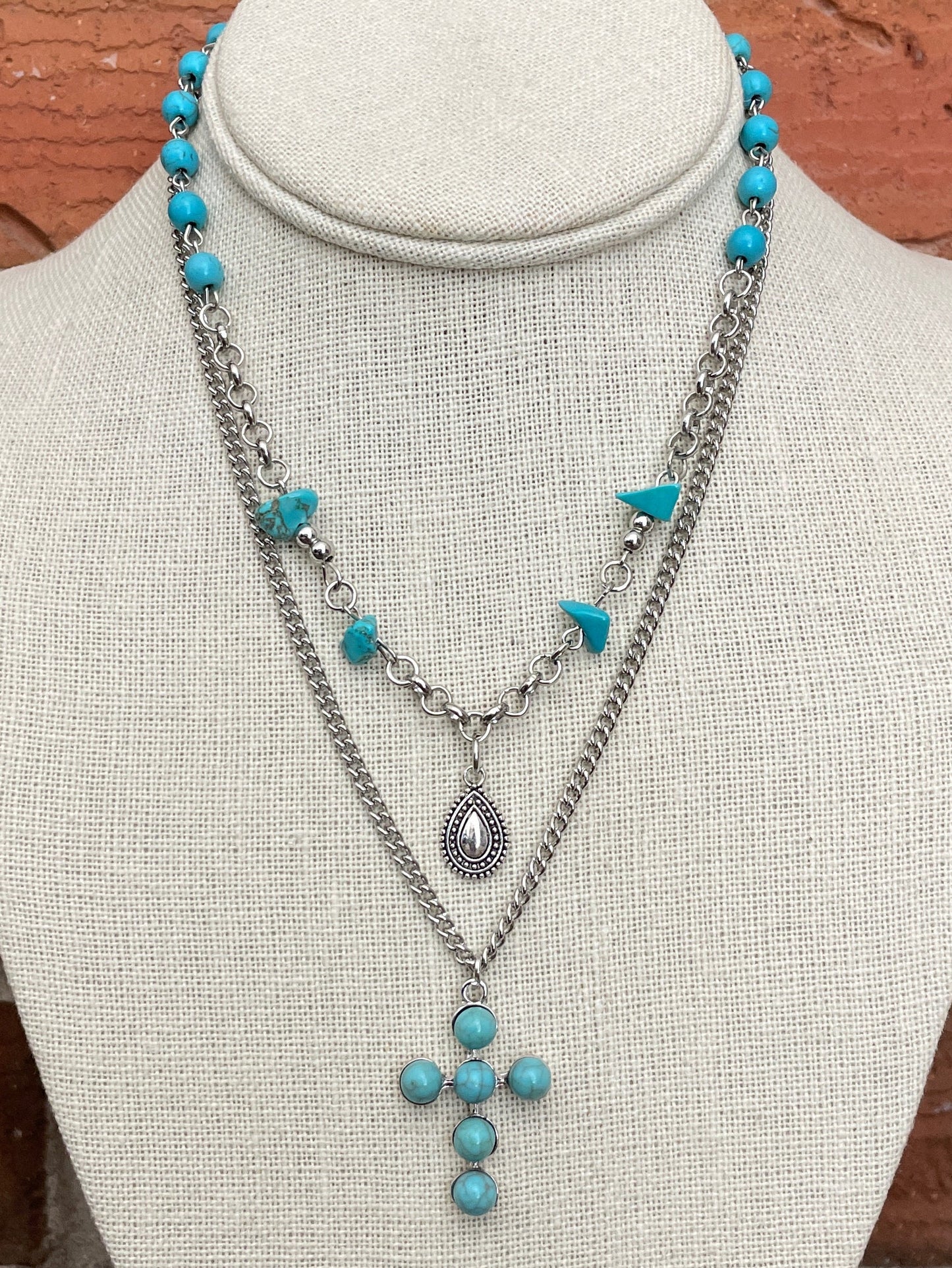 Faux Turquoise Cluster Cross and Spaced Bead Necklace Set