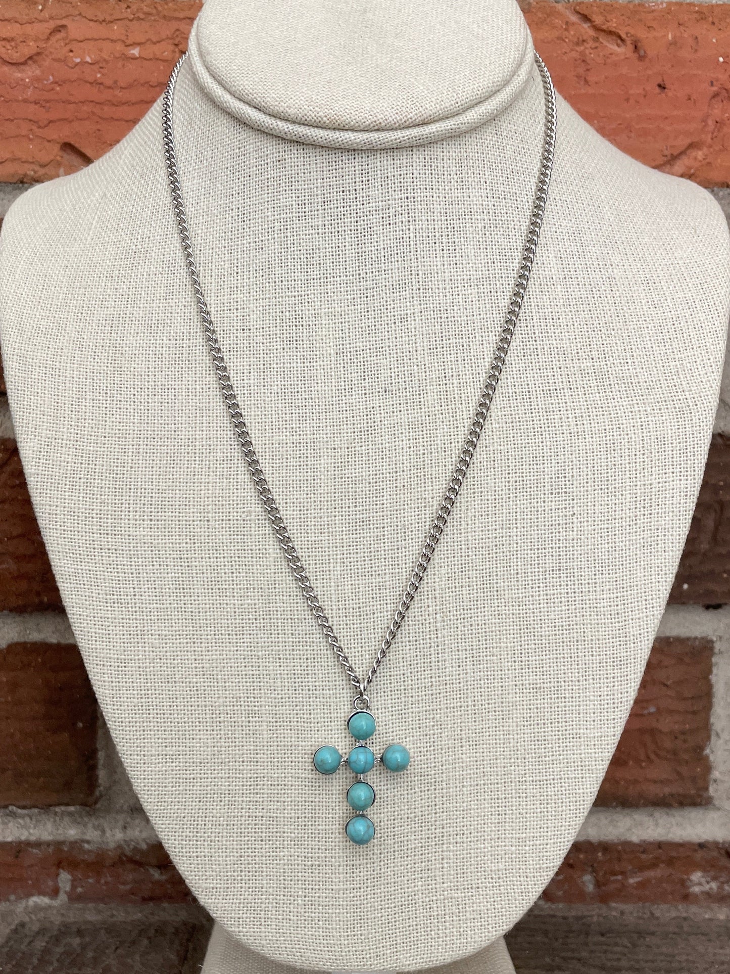 Faux Turquoise Cluster Cross and Spaced Bead Necklace Set