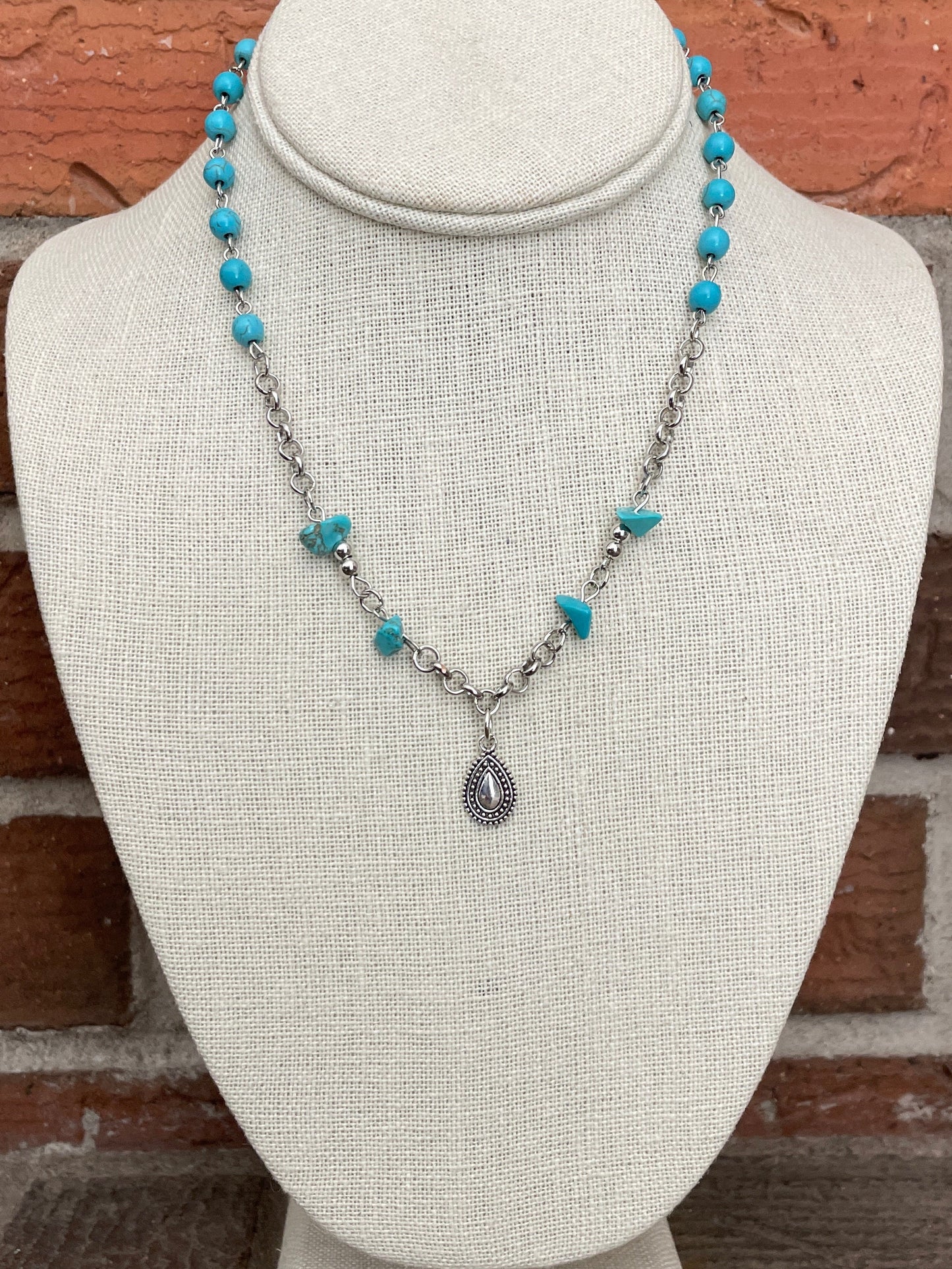 Faux Turquoise Cluster Cross and Spaced Bead Necklace Set