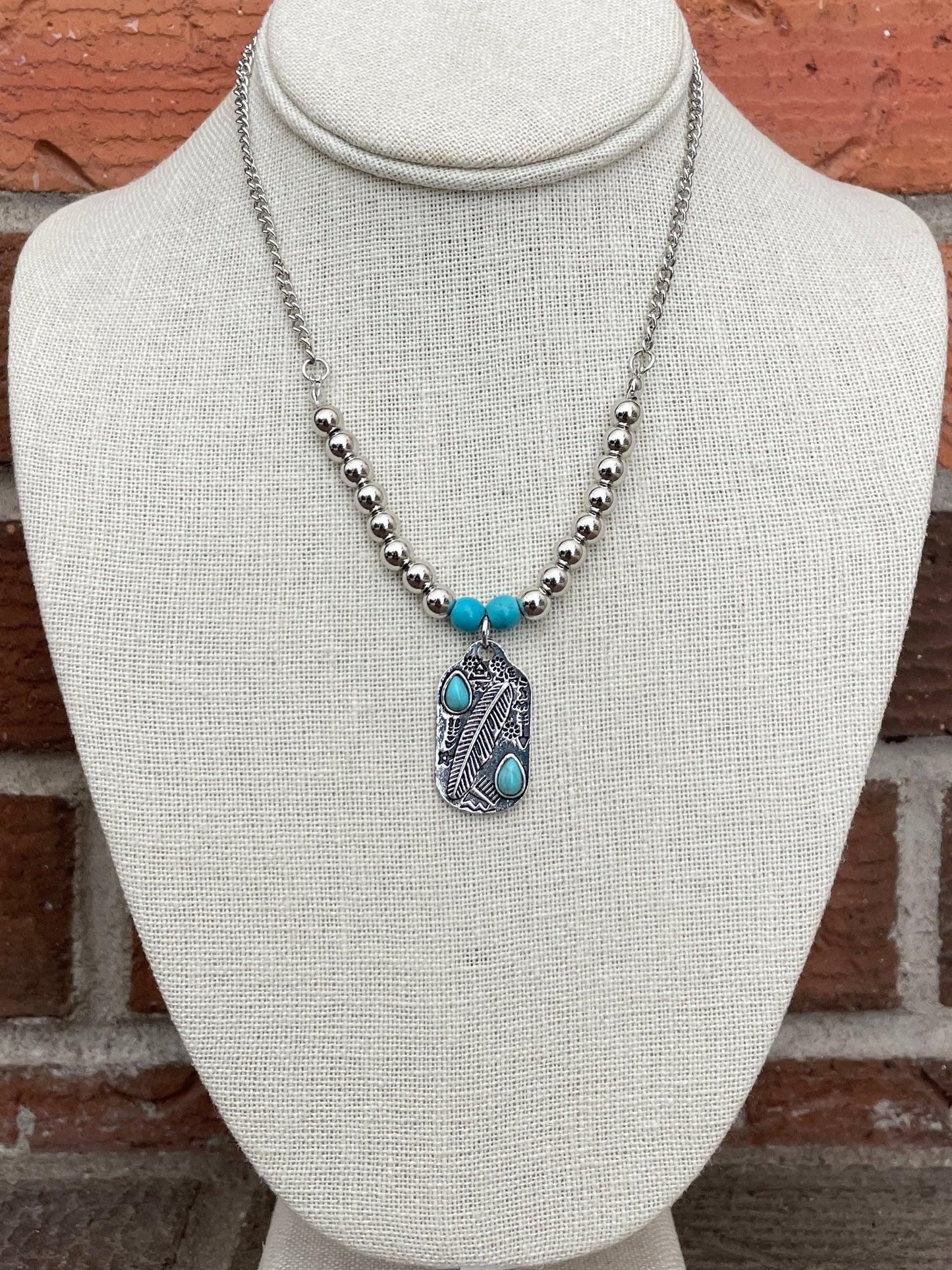 Beaded Feather Dog Tag Necklace with Turquoise