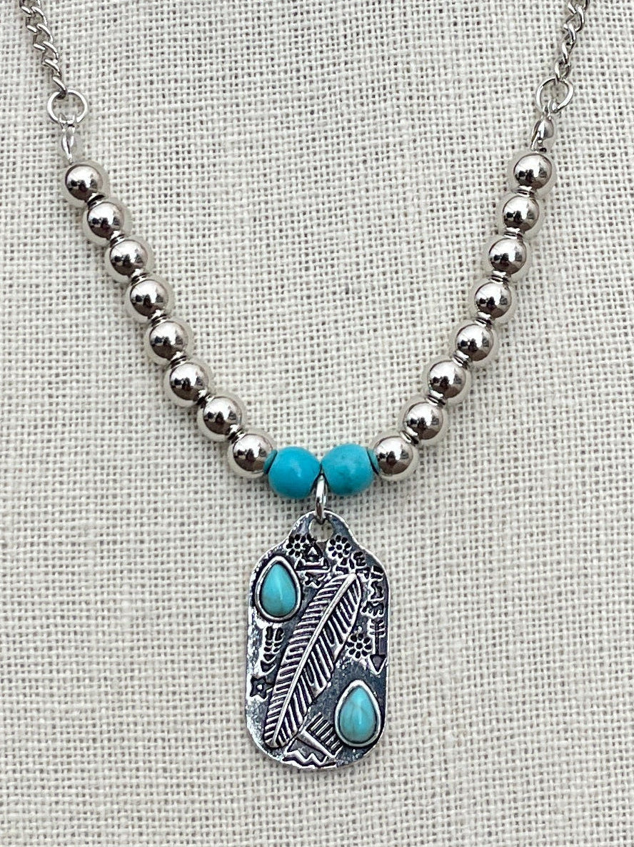 Beaded Feather Dog Tag Necklace with Turquoise