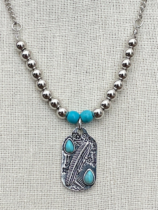 Beaded Feather Dog Tag Necklace with Turquoise