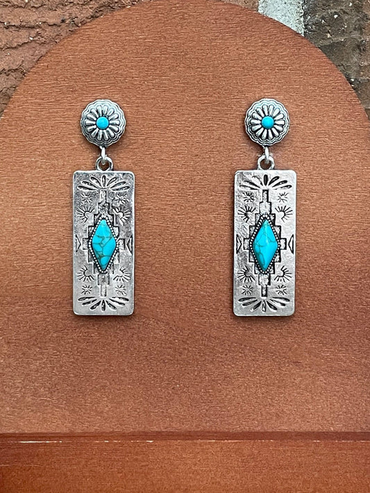 Aztec Pattern Bar Earrings with Turquoise