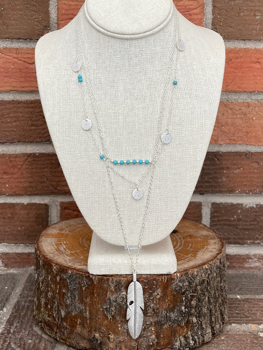 Layered Feather Necklace with Turquoise