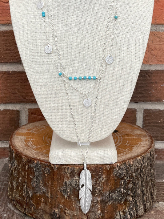 Layered Feather Necklace with Turquoise