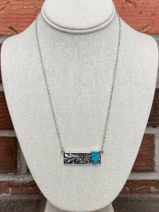 Bar Necklace with Faux Turquoise Lightning Bolt