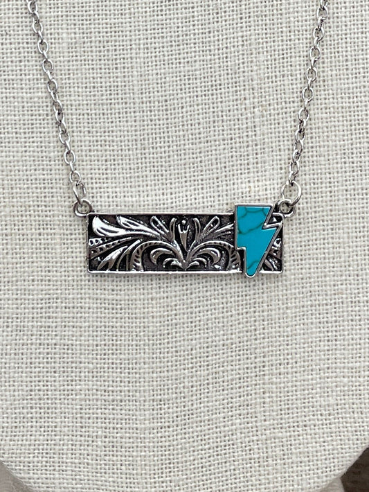 Bar Necklace with Faux Turquoise Lightning Bolt