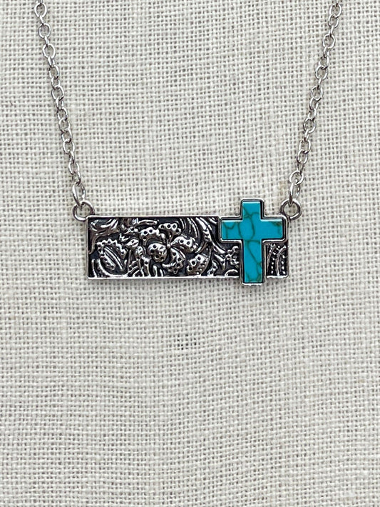 Bar Necklace with Faux Turquoise Cross