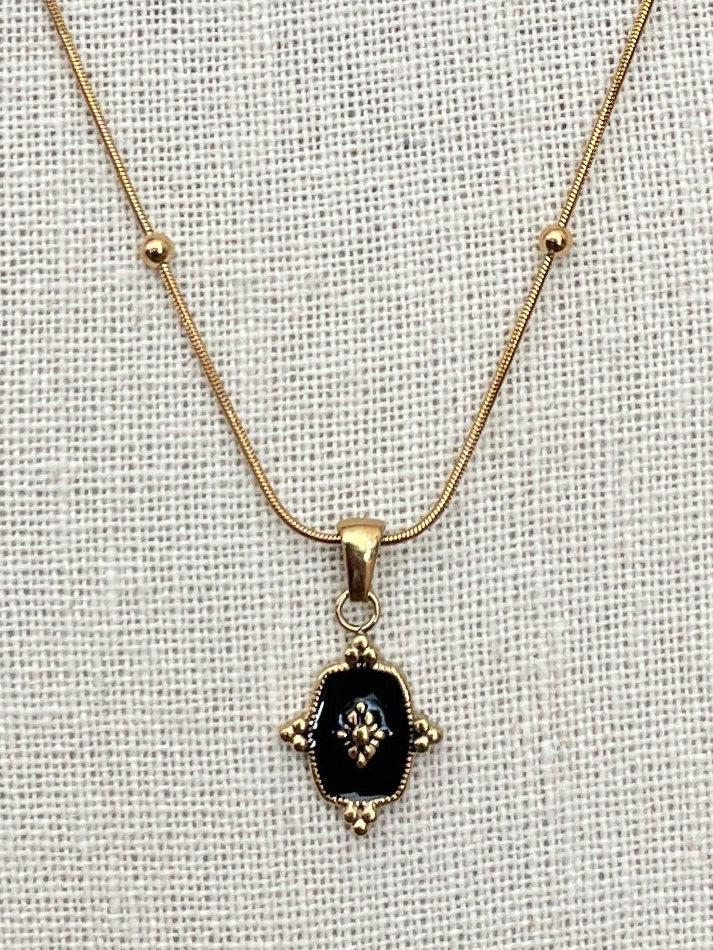 Black Signet Necklace with Spaced Bead Chain