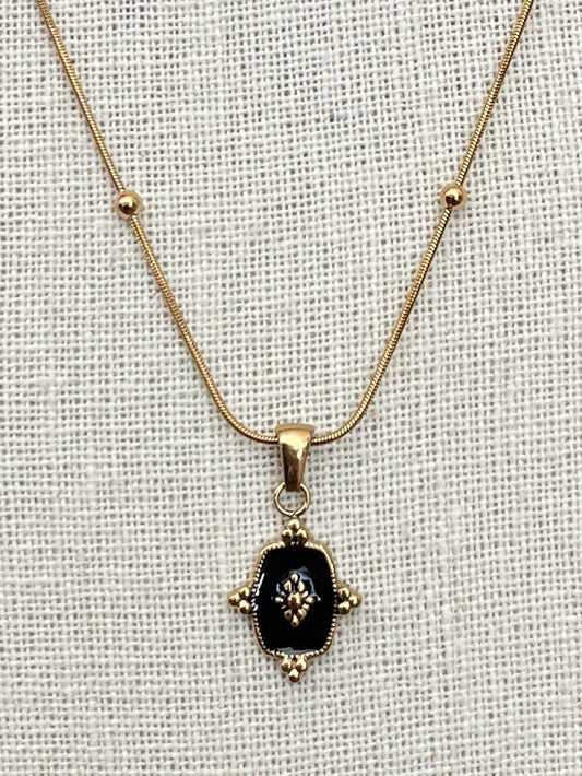 Black Signet Necklace with Spaced Bead Chain