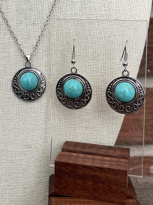 Filigree Necklace and Earring Set with Faux Turquoise