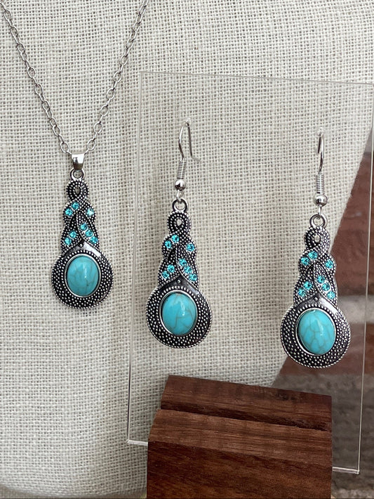 Faux Turquoise and Rhinestone Necklace and Earring Set