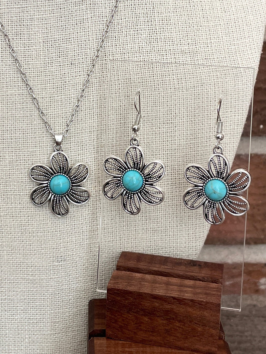 Flower Pinwheel Necklace and Earring Set with Faux Turquoise