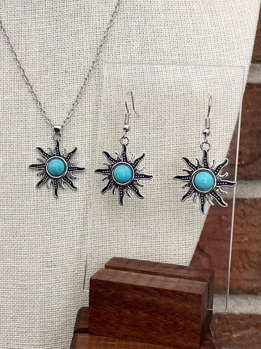 Faux Turquoise Sunburst Necklace and Earring Set