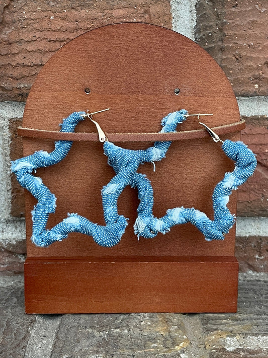 Distressed Denim Star Hoop Earrings