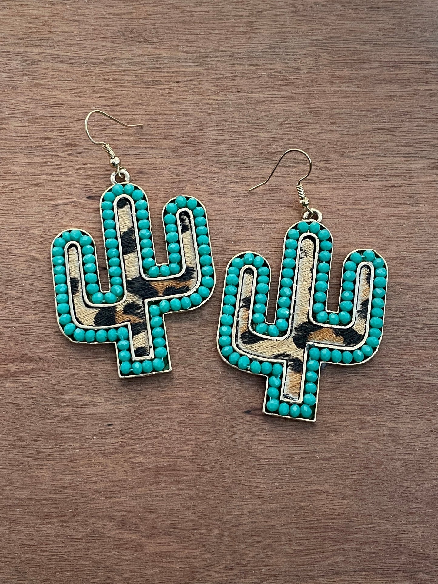 Turquoise Saguaro Cactus Earrings with Leopard Print
