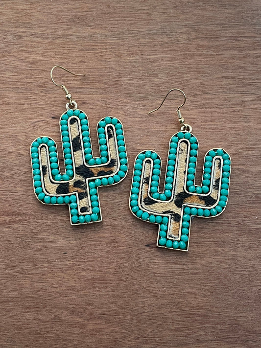 Turquoise Saguaro Cactus Earrings with Leopard Print