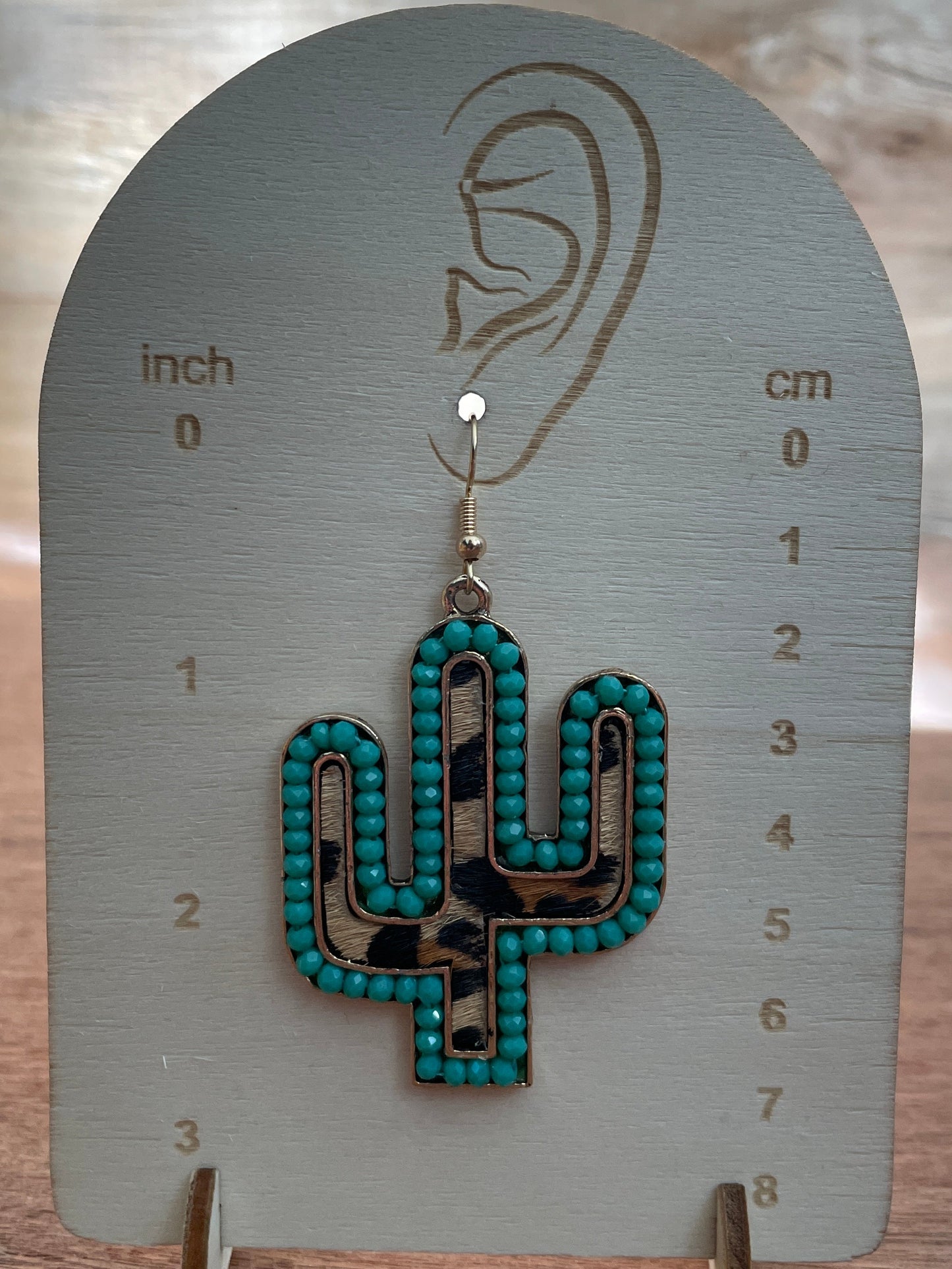 Turquoise Saguaro Cactus Earrings with Leopard Print