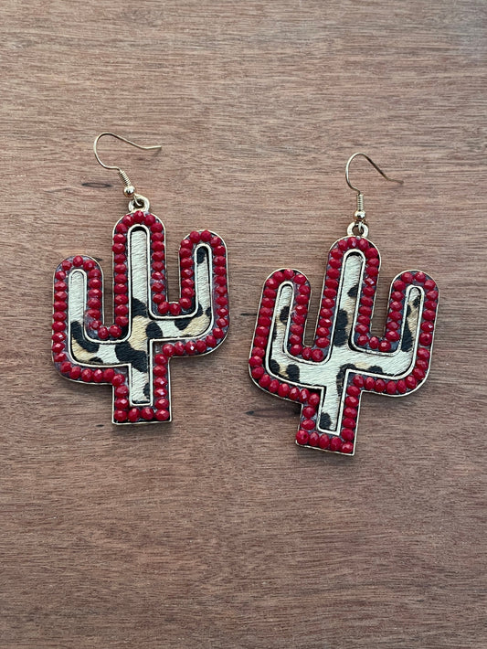 Red Saguaro Cactus Earrings with Leopard Print