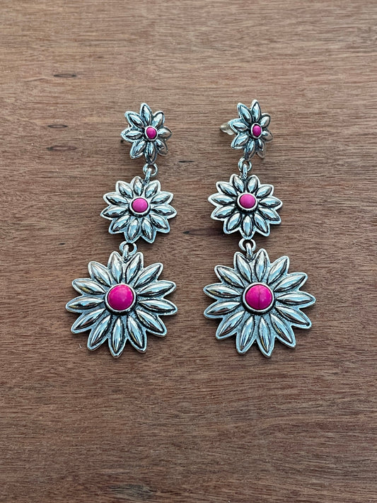 Silver Flower Dangle Earrings - Pink