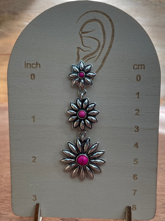 Silver Flower Dangle Earrings - Pink