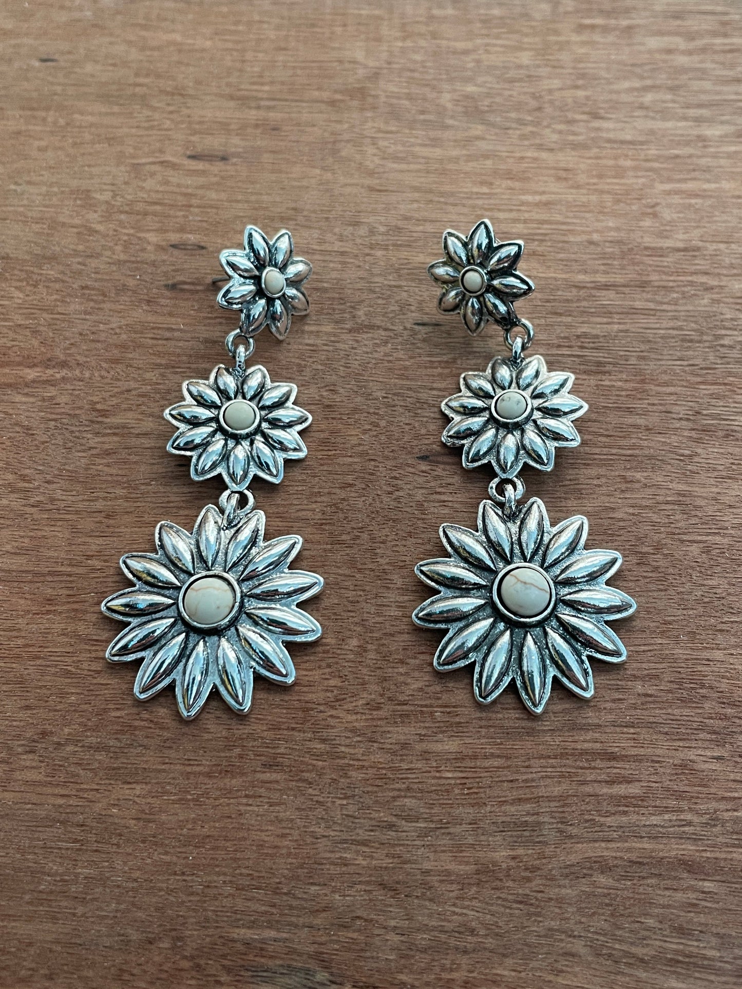 Silver Flower Dangle Earrings - White