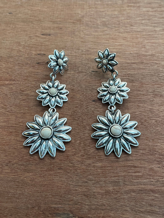 Silver Flower Dangle Earrings - White
