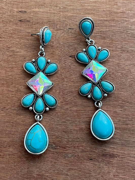 Faux Turquoise Cluster Dangle Earrings with Rhinestones