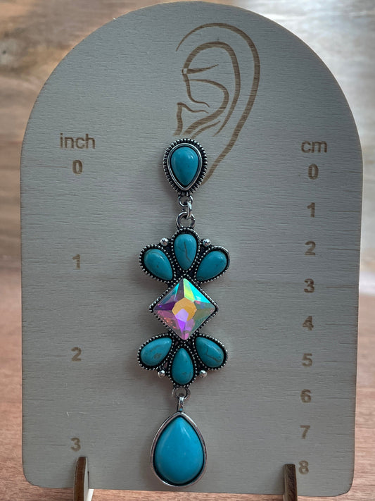 Faux Turquoise Cluster Dangle Earrings with Rhinestones