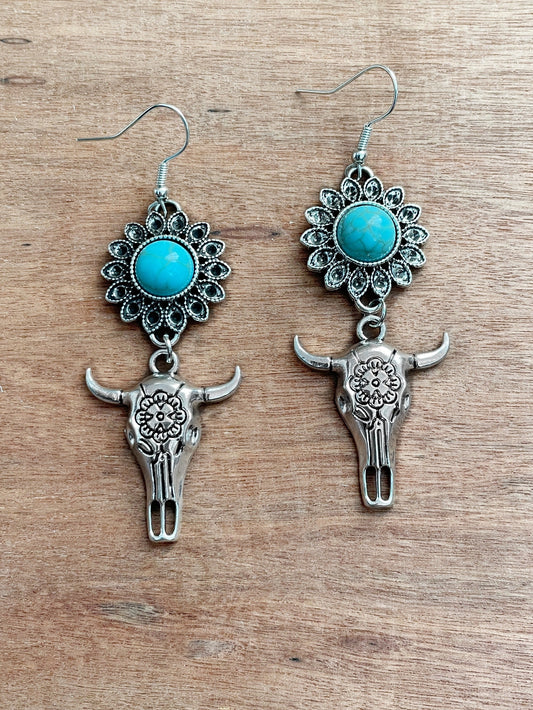Flower and Steer Skull Earrings with Faux Turquoise